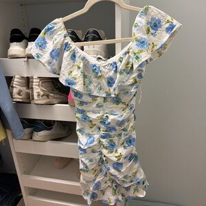 Zara White Dress with Blue & Green Floral Print